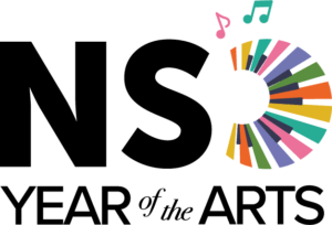 NSO Year of the Arts Logo, with a circular keyboard in a rainbow of colours and 2 music notes on top.