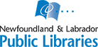 Newfoundland and Labrador Public libraries logo. Blue book image with black text